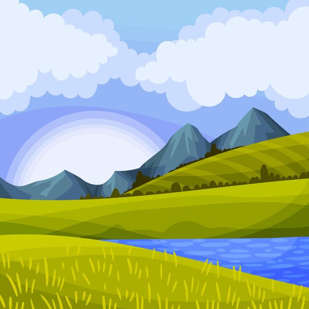 Mountain Peaks Lake e Grassy Hills come illustrazione vettoriale del paesaggio verde