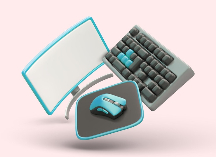 Vettore mouse tastiera monitor curvo 3d con pad per apparecchiature informatiche realistiche