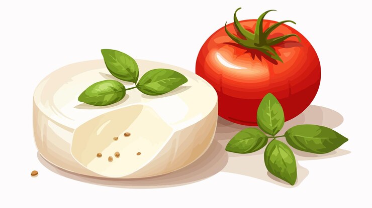 Vettore mozzarella fresca e pomodoro su sfondo bianco