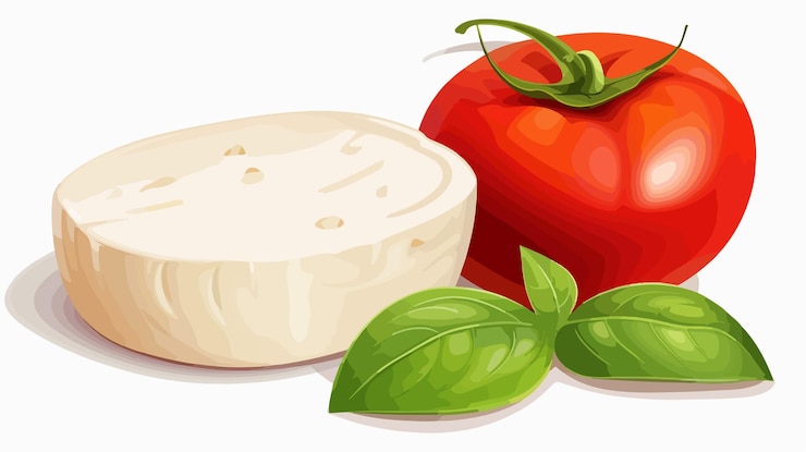 Vettore mozzarella fresca e pomodoro su sfondo bianco