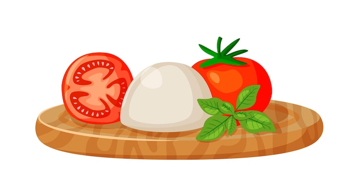 Vettore mozzarella morbida con pomodoro su tagliere in legno