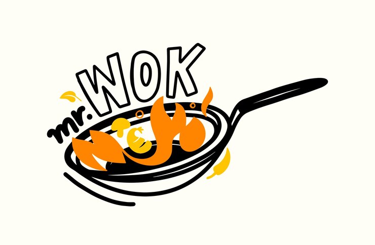 Vettore mr. wok banner, cucina cinese e concetto di pasti asiatici fritti con ingredienti piccanti e fuoco in padella. emblema per china house o ristorante asiatico, etichetta isolata o icona. illustrazione vettoriale