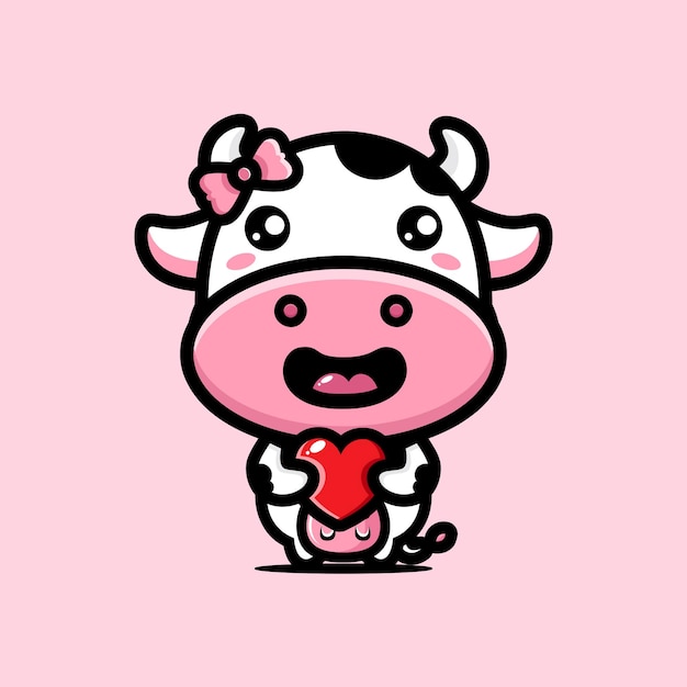 mucca carina che abbraccia un cuore d'amore