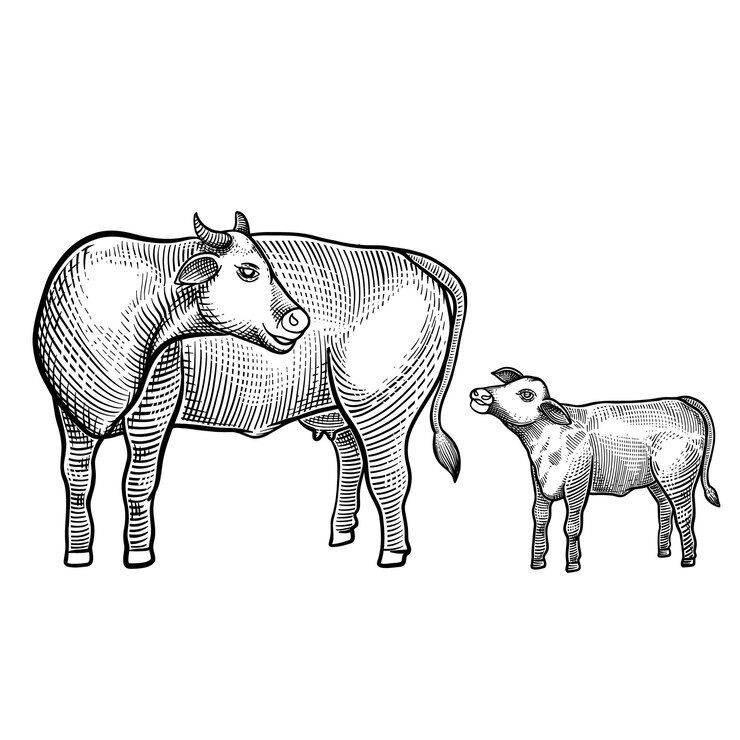 Vettore mucca e vitello isolati su sfondo bianco. illustrazione vettoriale di incisione disegnata a mano