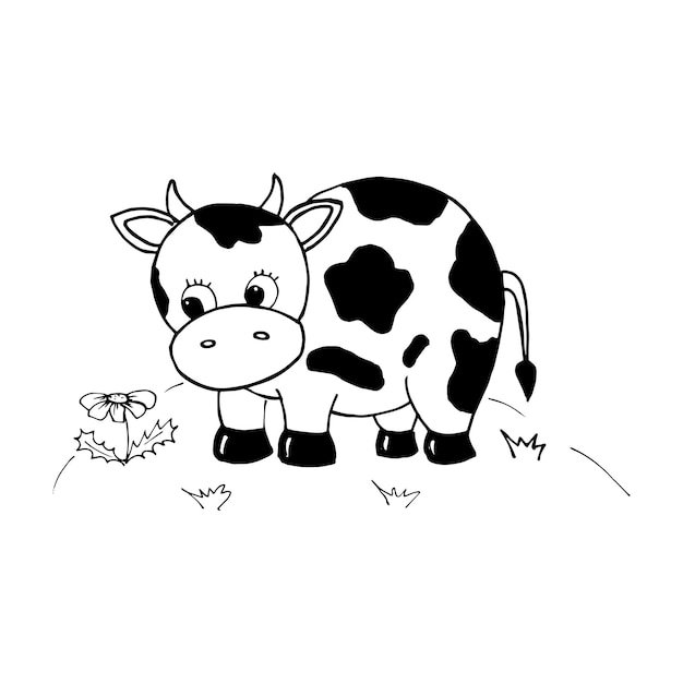 Mucca. Mucca carina nel prato. Personaggio in stile cartone animato. Disegno in bianco e nero isolato su sfondo bianco. Illustrazione vettoriale.
