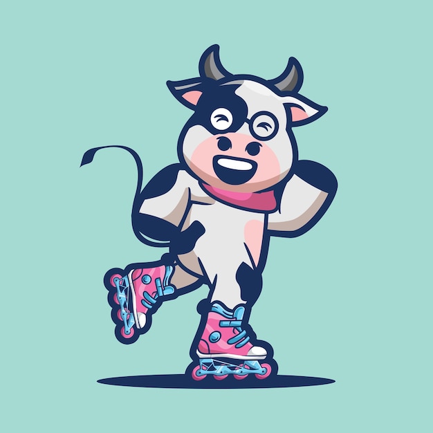 Mucca sveglia che gioca l'illustrazione del fumetto della mascotte di Rollerblade