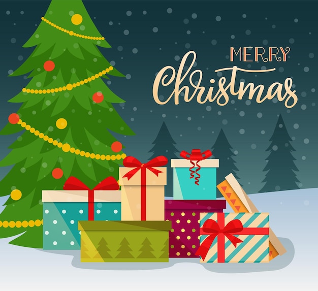 Mucchio di scatole regalo avvolte colorate davanti all'albero di Natale. Illustrazione vettoriale.