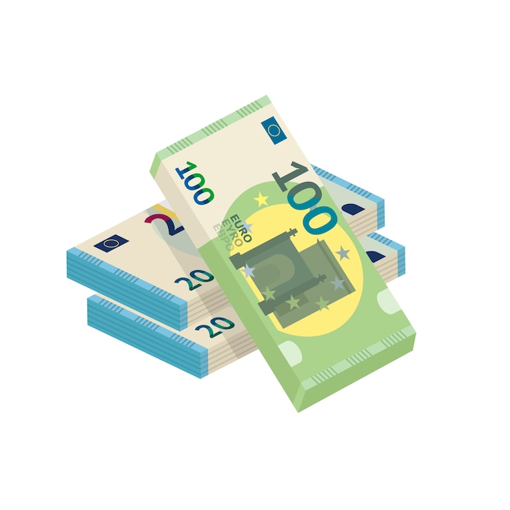 Vettore mucchio di soldi, illustrazione di mucchio di contanti, venti e cento banconote in euro isolate su priorità bassa bianca.