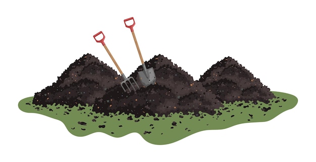 mucchio di terra forca e pala in un mucchio di terra mucchio di substrato humus fertilizzante compost