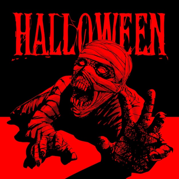 mummia di halloween, un'immagine brutale di una mummia urlante che esce dalla tomba, in colore nero e rosso
