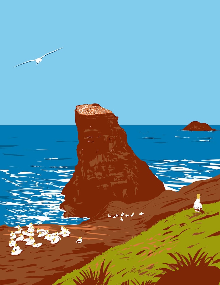Vettore muriwai gannet colony nella regione di auckland nuova zelanda art deco wpa poster art