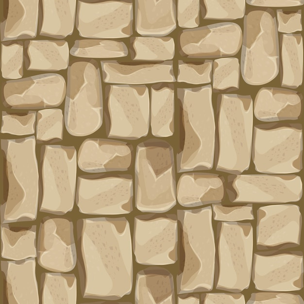 Muro di pietra da mattoni, roccia, sfondo di gioco in stile cartone animato, superficie strutturata senza cuciture