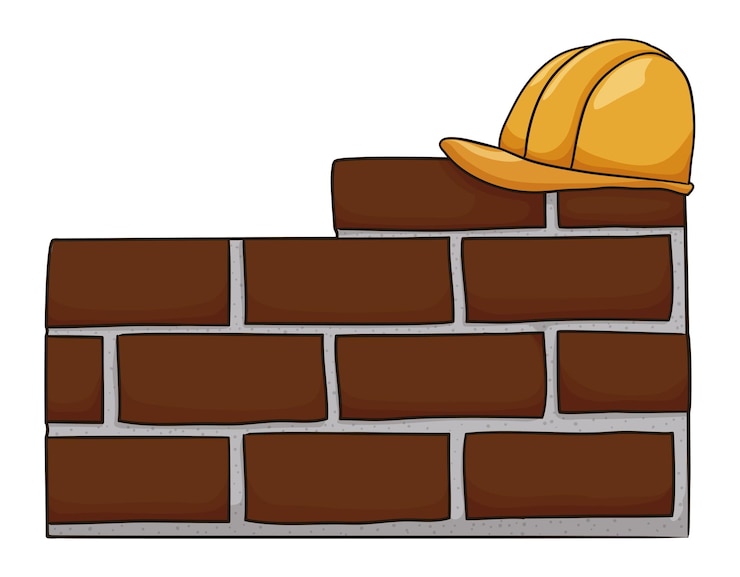 Vettore muro in costruzione fatto di mattoni e cemento decorato con un casco duro in stile cartone animato