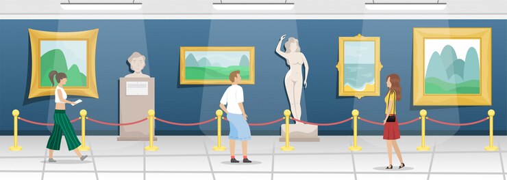 Vettore museo delle belle arti con visitatori. sala con dipinti in baguette e sculture dorate. arte classica