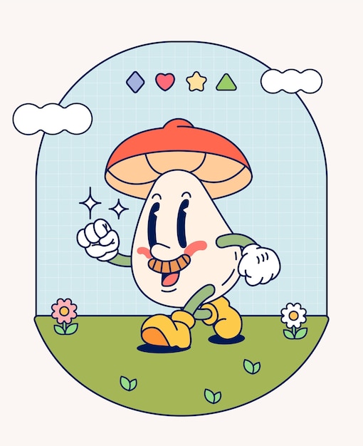 Mushroom retro personaggio mascotte vintage alla moda disegno a mano comico doodle collezione di fumetti