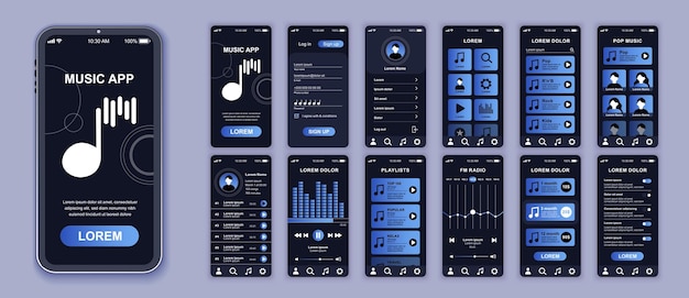 Music mobile app interface screens template set Account login settings playlist singers follow audio player radio broadcasting Pack of UI UX GUI kit for application web layout Vector design
