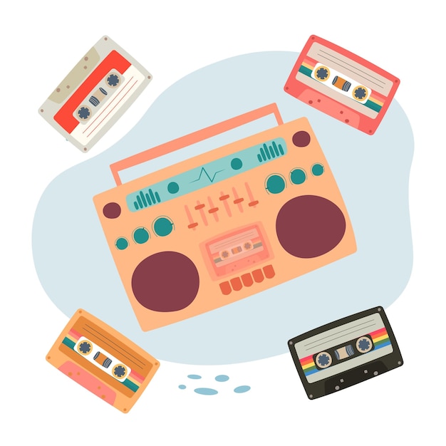 Musica degli anni '90 Boombox vibrante e nastri isolati Dispositivo retrò registratore audio degli anni '80 e '90