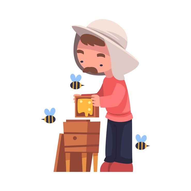 Vettore mustached beekeeper with wooden brood frame keeping honey bee engaged in apiculture vector illustration