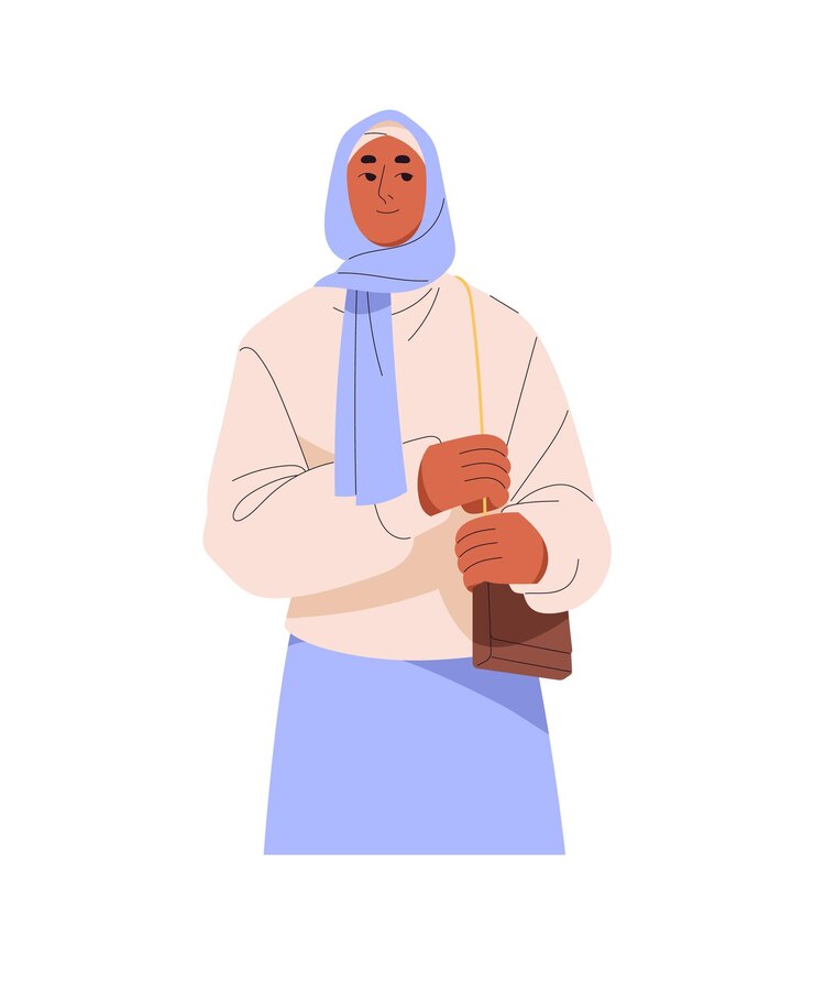 Vettore musulmana con borsa che indossa l'hijab donna araba araba con religione islamica copre la testa con il velo musulmano in abiti religiosi copricapo illustrazione vettoriale isolata piatta su sfondo bianco