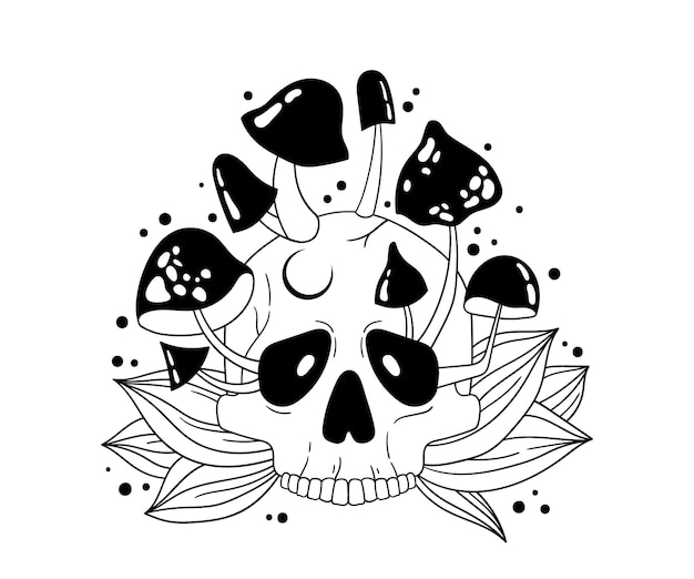 Mystical creepy skull and mushrooms isolated clip art vector magic composition with skeleton
