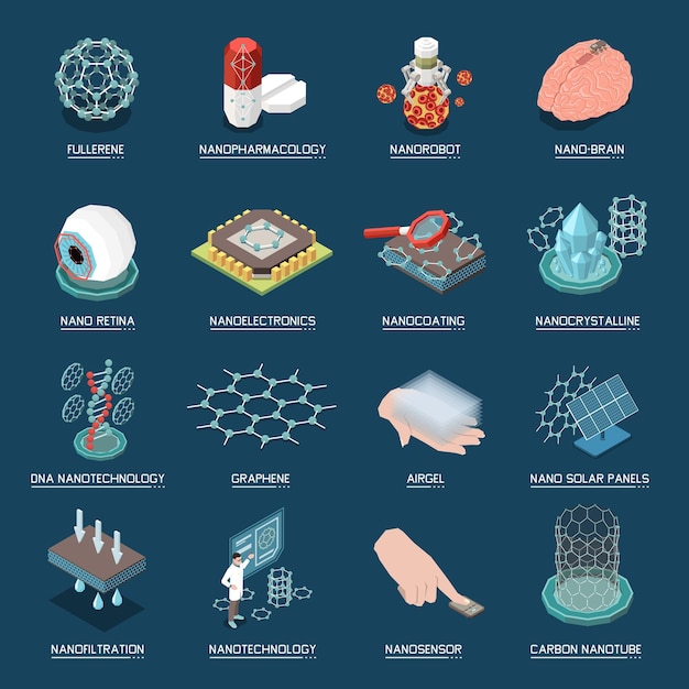 Nanotecnologia in medicina farmacologia elettronica robotica cervello retina sensori strutture in grafene icone isometriche impostare illustrazione vettoriale isolato