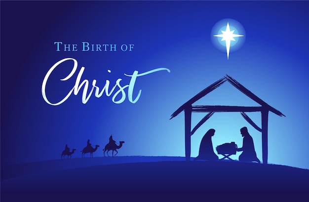 Nascita di Cristo, Sacra famiglia e testo. Biglietto di auguri o concetto di banner. Disegno del manifesto di Internet.