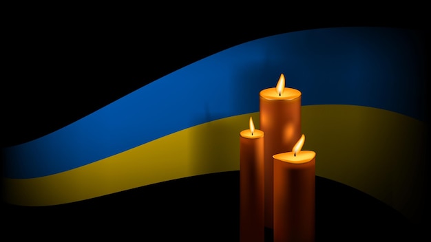 Nastro della bandiera ucraina e tre candele di cera bruciate con ombra su sfondo nero Banner commemorativo del giorno del ricordo dei morti