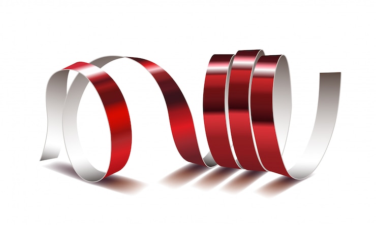Vettore nastro rosso festivo su sfondo bianco. stelle filanti realistiche. decorazione serpentina per la festa di carnevale per la tua e grande carta.