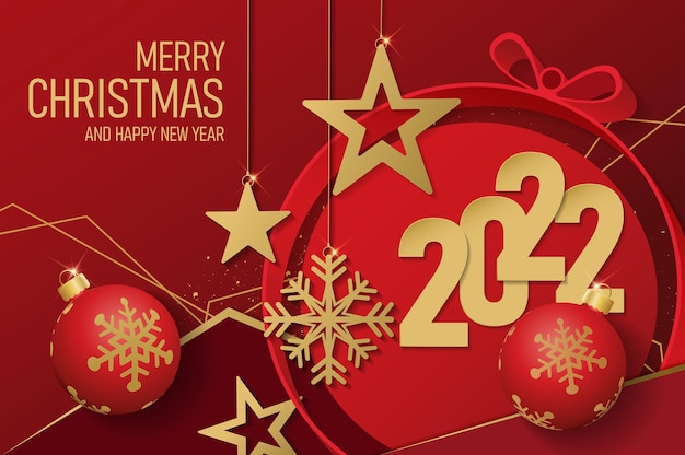 Natale e felice anno nuovo 2022 su sfondo rosso con decorazione festiva banner disegno vettoriale