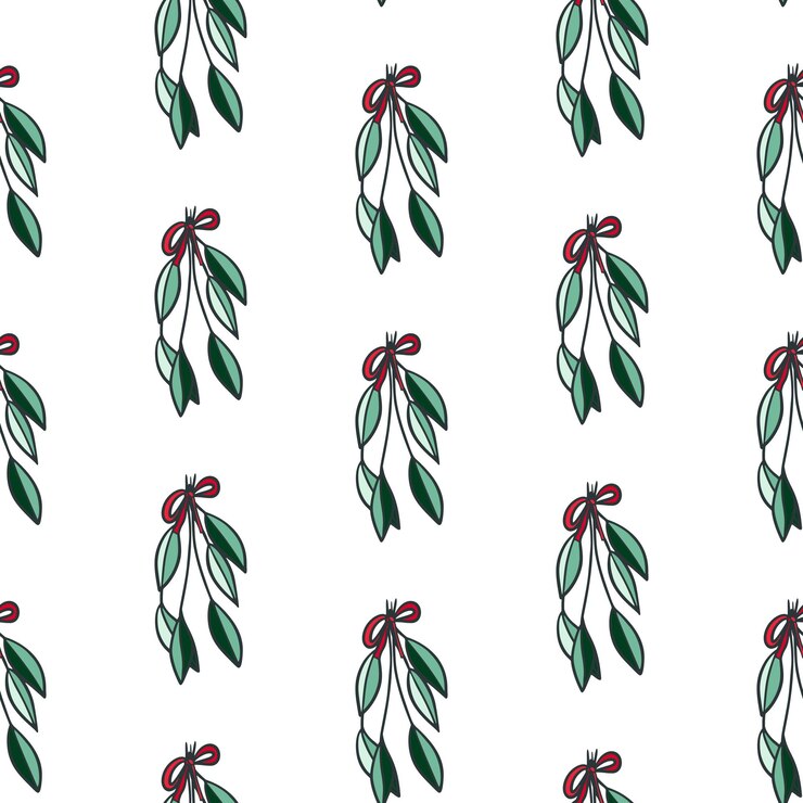 Vettore natale inverno rami vischio foglie scarabocchio con fiocco schizzo disegnato a mano modello senza cuciture