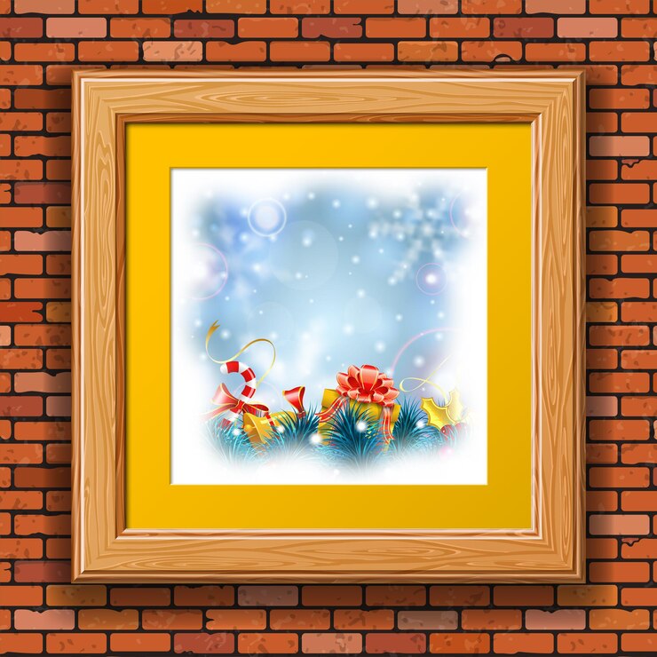Vettore natale sfocato sfondo bokeh con fiocchi di neve, regalo, rami di abete, oro streamer e caramelle in cornice di legno sul muro di mattoni.