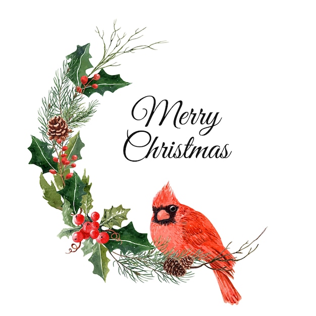 Natale uccello dell&#39;acquerello con albero di pino e agrifoglio.