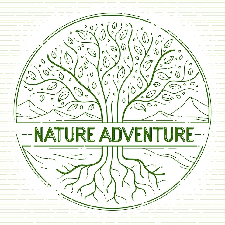 Vettore natura selvaggia avventura escursionismo e vacanze in campeggio per il tempo libero, albero con montagne sullo sfondo vettore lineare logo o emblema, tema di uno stile di vita sano e attivo.