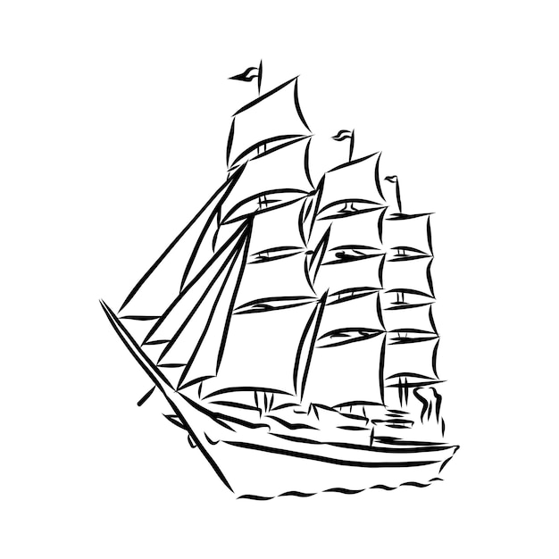 Nave a vela o barca nell'oceano in stile linea di inchiostro. Yacht abbozzato a mano. Design a tema marino.