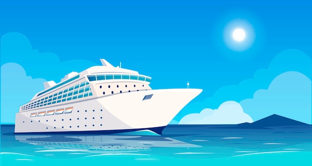 Nave da crociera di lusso che naviga su un mare blu calmo sotto un cielo soleggiato illustrazione vettoriale
