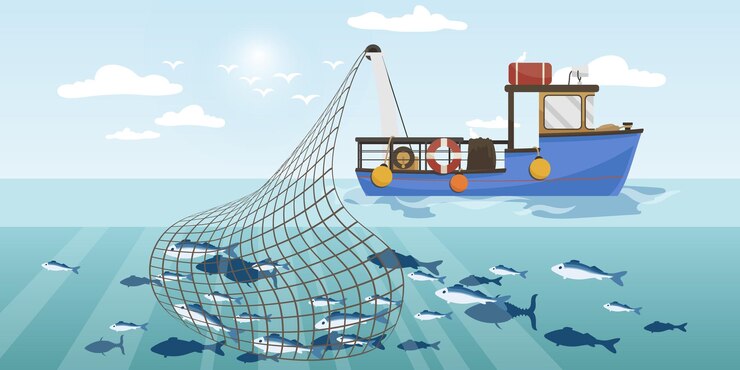 Vettore nave da pesca commerciale con grande rete di pesce pieno peschereccio di cartone animato che lavora in mare o oceano catturando con senna pesce tonno aringa sardina salmone nave industriale in vista sul mare illustrazione vettoriale