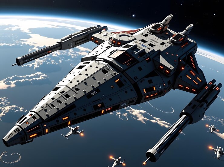 Nave spaziale in orbita attorno alla Terra con caccia