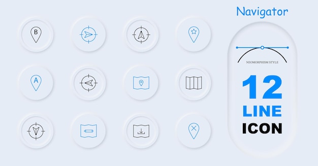 Navigator set icon B location pointer mark pointer tip map cross A up down left right asterisk pencil mark map chart neomorphism Orientation in space concept
