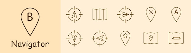 Navigator set icon B location pointer mark pointer tip map cross A up down left right asterisk pencil mark map chart Orientation in space concept
