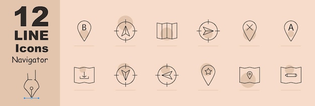 Navigator set icon B location pointer mark pointer tip map cross A up down left right asterisk pencil mark map chart Orientation in space concept