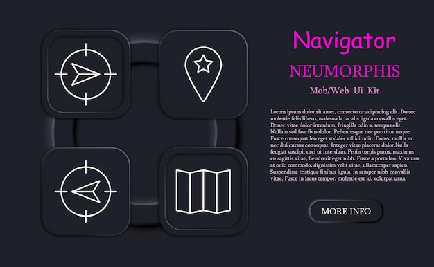 Navigator set icon B location pointer mark pointer tip map cross A up down left right asterisk pencil mark map neomorphism chart Orientation in space concept