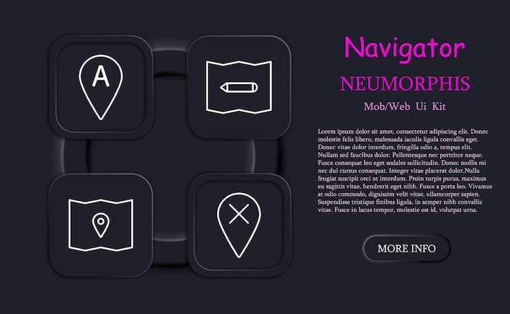 Vettore navigator set icon b location pointer mark pointer tip map cross a up down left right asterisk pencil mark map neomorphism chart orientation in space concept