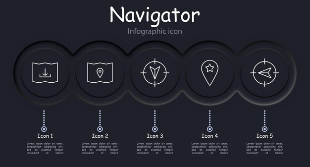 Navigator set icon B location pointer mark pointer tip map cross infographic up right asterisk neomorphism mark map chart Orientation in space concept