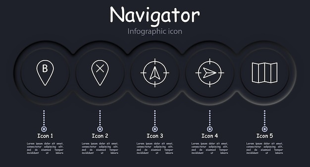 Navigator set icon B location pointer mark pointer tip map cross infographic up right asterisk neomorphism mark map chart Orientation in space concept