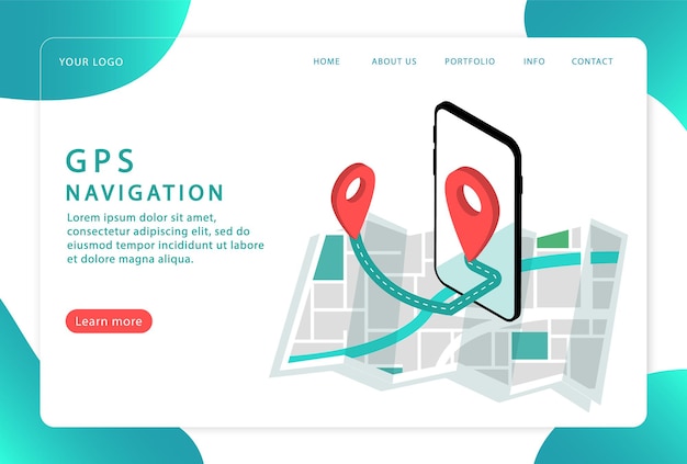 Navigazione GPS, posizione. Navigazione mobile,. Pagina di destinazione. Pagine web moderne per siti web.