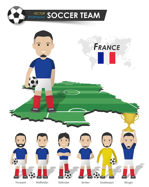 Nazionale di calcio della Francia. Giocatore di football con maglia sportiva in piedi sulla mappa del paese del campo prospettico e sulla mappa del mondo. Set di posizioni del calciatore. Design piatto personaggio dei cartoni animati. vettore.