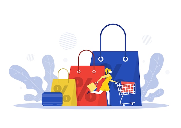 Negozio del black friday, donna che acquista su super sconto, negozio di servizi online, illustrazione di marketing per acquisti promozionali