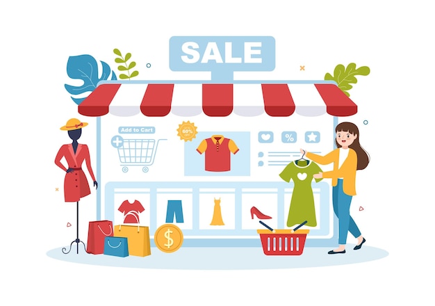 Negozio di abbigliamento di moda per donne modello illustrazione disegnata a mano con panno o abiti per lo shopping