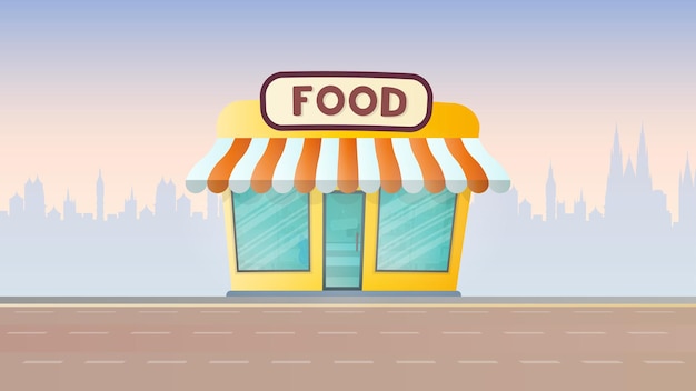 Negozio di alimenti freschi. Negozio di alimentari sullo sfondo della città. Stile piatto. Vettore.