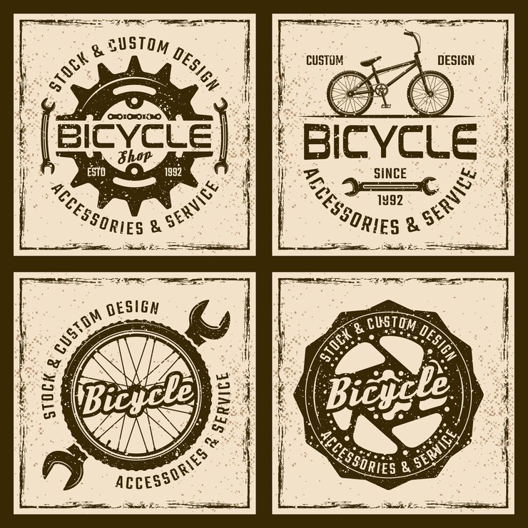Negozio di biciclette e servizio vintage emblemi o stampe su sfondo grunge
